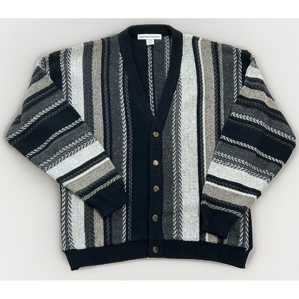 Vintage Irvine Park Cardigan Sweater 3D Textured Stripe Black Gray Large Mens - Picture 4 of 9
